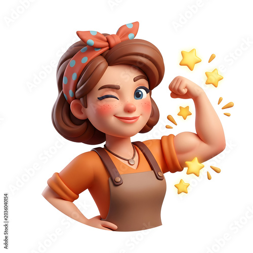 3D render of a woman showing her strong biceps and winking