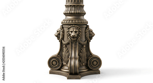 Ornate bronze lamp post base with lion heads isolated on a white background