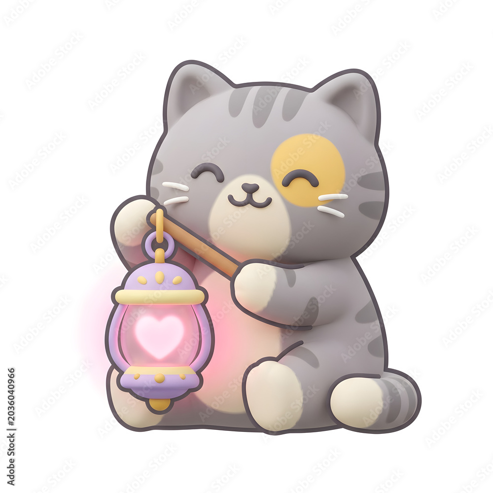 Fototapeta premium Cute grey tabby kitten holding a glowing heart lantern