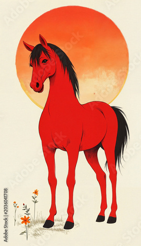Red horse standing in front of a sunset with flowers in a whimsical style
