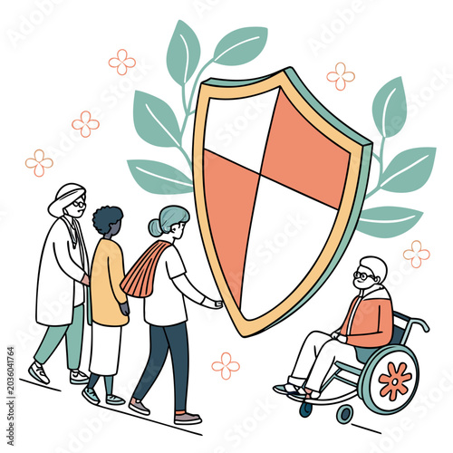 Healthcare workers shield protecting elderly person with care.