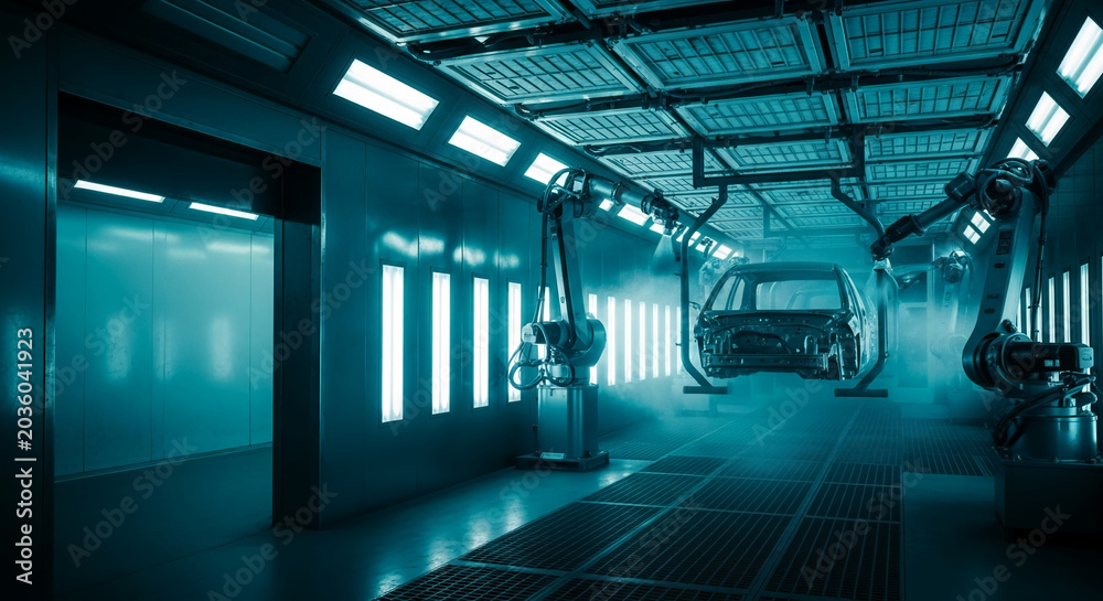Obraz premium Car body painting by robotic arms in modern industrial factory