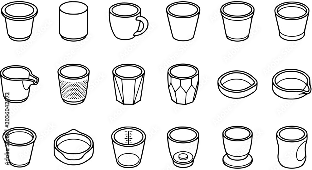 Obraz premium Food and Drink Industry Isometric Black and White Line Art Icons Set of Various Cups, Glasses, Mugs, and Drinkware Containers