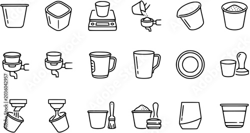 Tableau sur toile Black and White Line Art Icons of Coffee Making Tools, Equipment and Cups