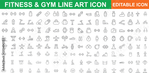 Fitness gym line art icons set isolated on transparent background