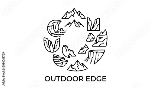 Foto Rocky mountain cliffs and coastal landscape outline icons vector pack