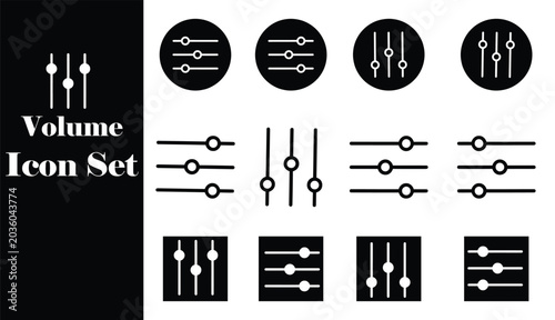 Schilderij op canvas Volume control sliders and equalizer line icon set vector black silhouette flat