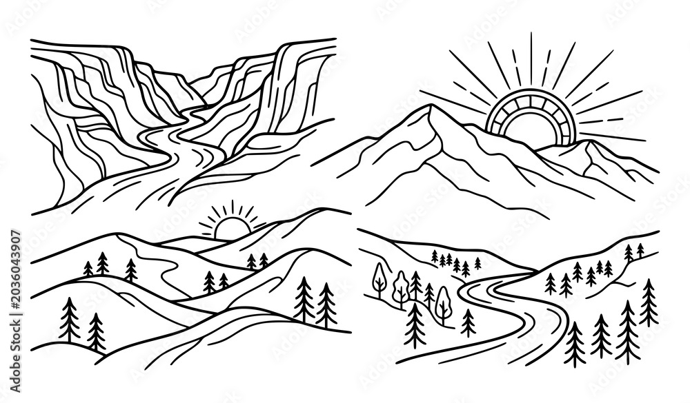 Fototapeta premium Minimal mountain valley and outdoor nature landscape line icon collection
