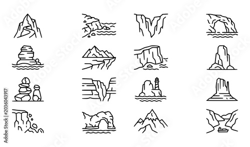 Mountain cliff and coastal edge outline icons isolated nature vector set