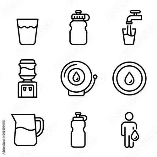 Water Drinking Liquid Icons Set.