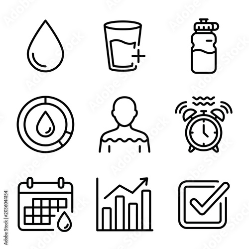 Hydration icons with schedule and stats.