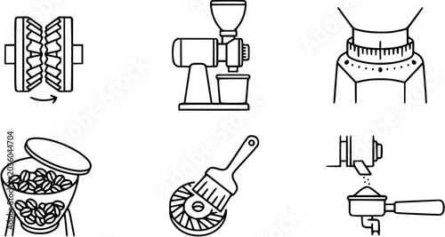 Obraz na płótnie Coffee Grinder and Preparation Line Art Icons Set