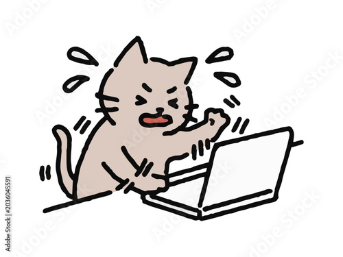 焦ってパソコン作業する猫キャラクター　シンプルオフィス猫シリーズ　ビジネス　会社員　お仕事