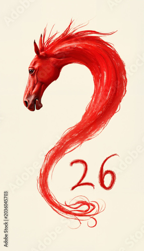 Red horse illustration with flowing mane and number twenty-six on a light background