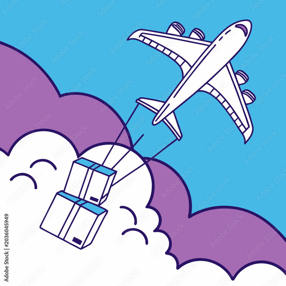 Naklejka premium Cargo Plane Dropping Package Delivery Boxes in Blue Sky With Clouds