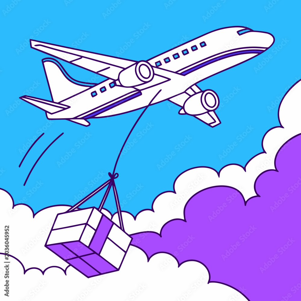 Naklejka premium Cargo Airplane Carrying Large Shipping Package in Blue Sky Above Clouds