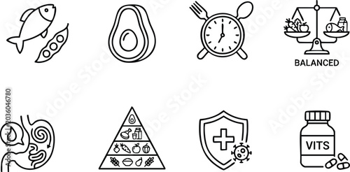 Tableau sur toile Healthy nutrition and diet line icons set, balanced food, meal timing clock, dig