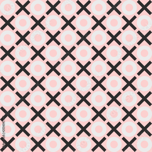 A seamless vector pattern featuring a geometric XO design in pink, grey, and black on a light background