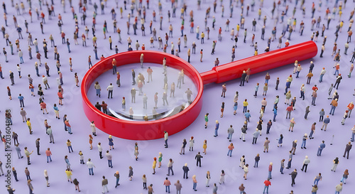 Magnifying glass focusing on large group of people crowd with magnifying recruitment resources analysis targeting research management business population selection customer marketing