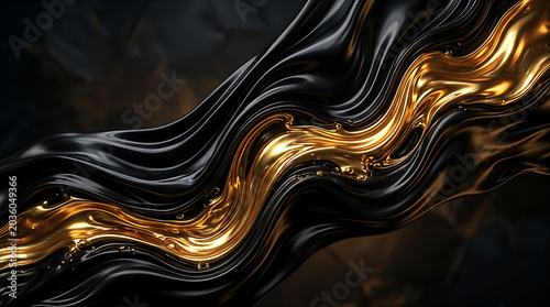 Swirling Black and Gold Liquid Abstract Texture with Glossy Reflections in Dark Background