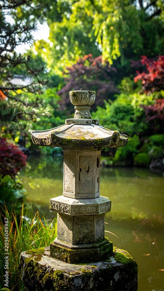 Naklejka premium Japanese stone lantern in garden pond.