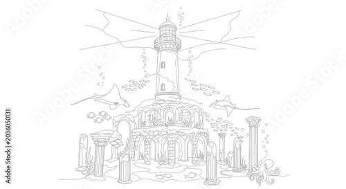 Canvastavla Underwater Lighthouse Ruin Coloring Page Illustration