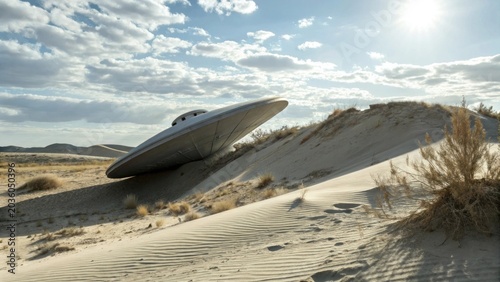 Abandoned ufo in desert sand dunes landscape