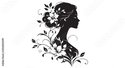 Obraz na płótnie Elegant black female silhouette fused with blooming floral vines, pure white bac