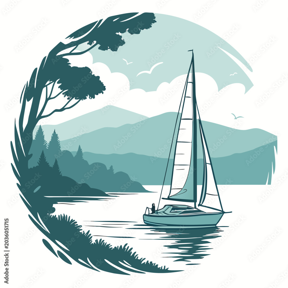 Naklejka premium Minimalist Teal Sailboat Illustration with Scenic Mountain Lake and Forest Background
