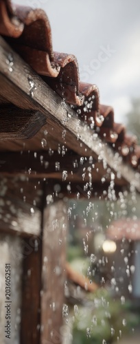 Raindrops falling from a terracotta roof during a cloudy day.