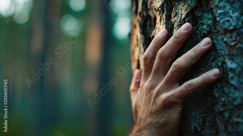 Touching the ancient bark of a venerable tree, a hand connects with the raw, untamed essence of the forest. Soft sunlight filters through the canopy.