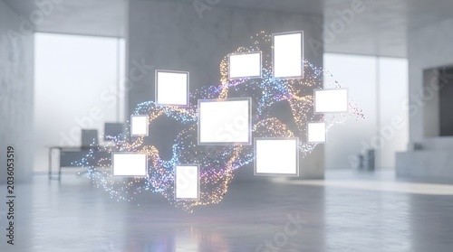 A futuristic network of glowing white squares floats in a modern office with concrete walls and a polished floor.