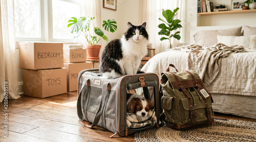Cat and small dog in pet carrier beside backpack and moving boxes in cozy bedroom, showing relocation, pet travel, new home, animal transport, packing, and family moving day.
