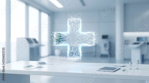 A large cross is displayed on a white table in a modern medical office with various devices.