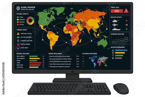 Global Geopolitical Analysis Monitor Showing Threat Levels