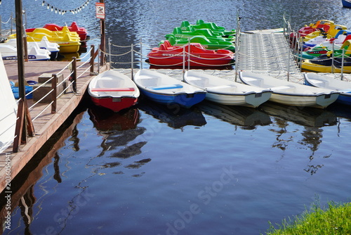 Colorful Paddle Boats Lined Up on a Dock with a Reflective Water Surface, Creating a Scenic Waterfront View
