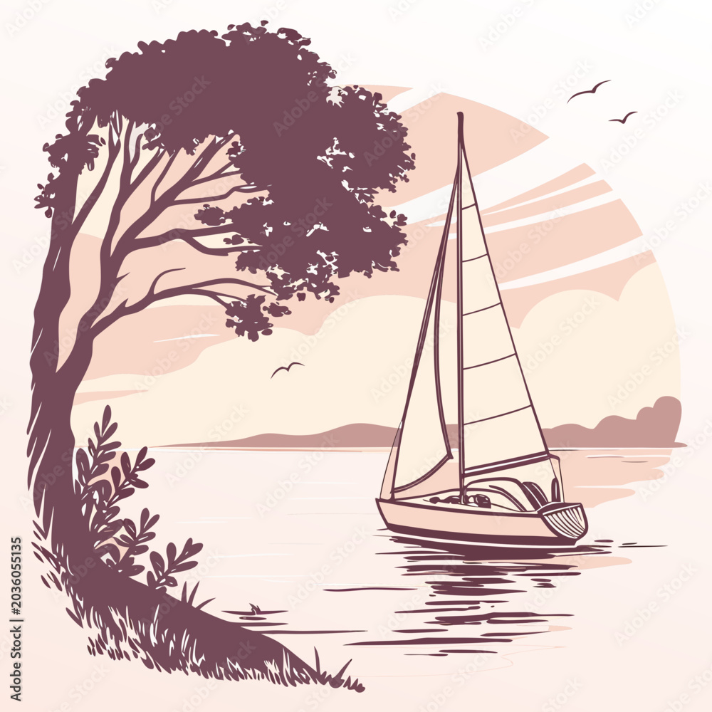 Fototapeta premium Vintage style sailboat on water with tree silhouette and mountain background
