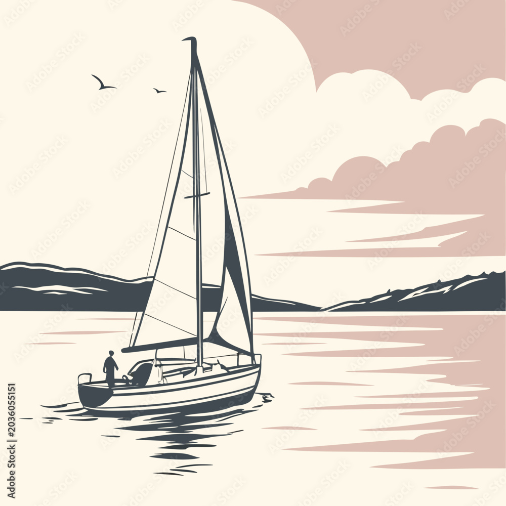Fototapeta premium Vintage Minimalist Vector Illustration of a Sailboat Navigating Calm Sunset Waters
