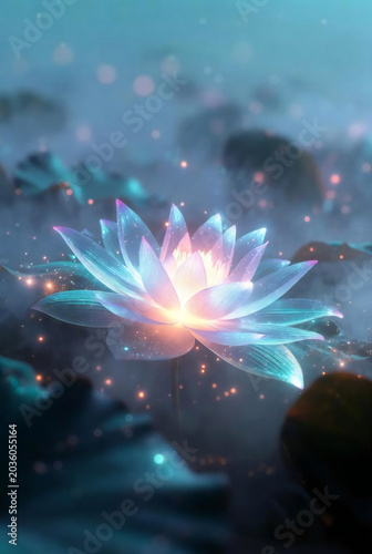 A luminous lotus flower floating in the air with magical particles,