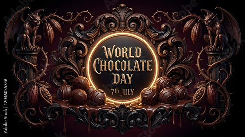 A luxurious chocolate design celebrating World Chocolate Day on July 7th with intricate brown patterns and golden accents.