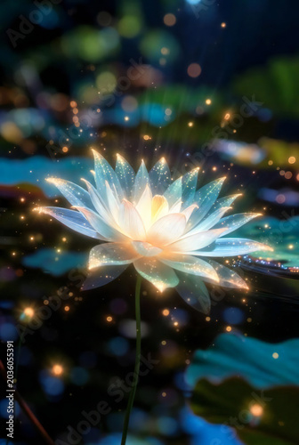 A luminous lotus flower floating in the air with magical particles,