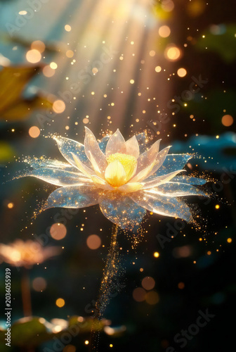 A luminous lotus flower floating in the air with magical particles,