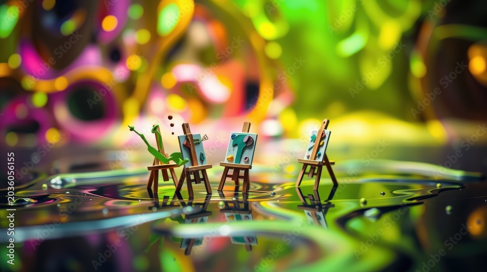 Fototapeta premium Tiny frog artists paint miniature canvases. Vibrant colors reflect upon watery surface. Surreal, playful scene evokes creativity.