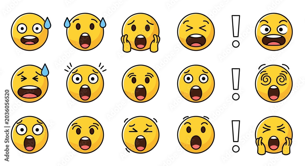 Fototapeta premium Various yellow emoji expressions with different emotional states and exclamation points