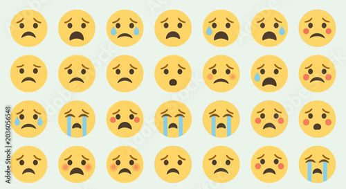 Obraz na plátne Sad emoji faces in rows displaying various expressions and tears