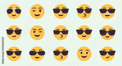 Collection of yellow emoji faces expressing various emotions and wearing sunglasses
