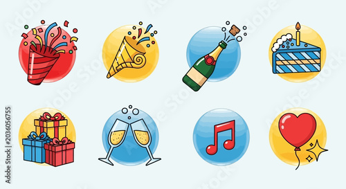 Celebration icons set party elements in colorful illustration style