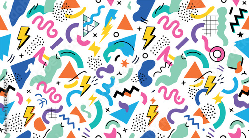 Quadro su tela Vibrant Memphis Style Seamless Pattern with Retro Geometric Shapes and Colorful
