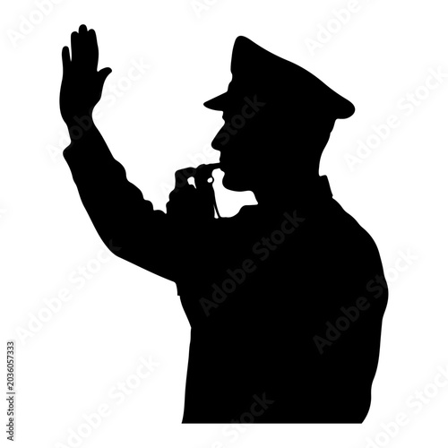 Tableau sur toile Silhouette of a police officer blowing a whistle and signaling stop