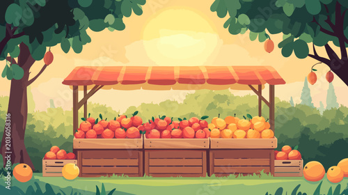 Illustration of a sunny fruit stand in a lush orchard during sunset